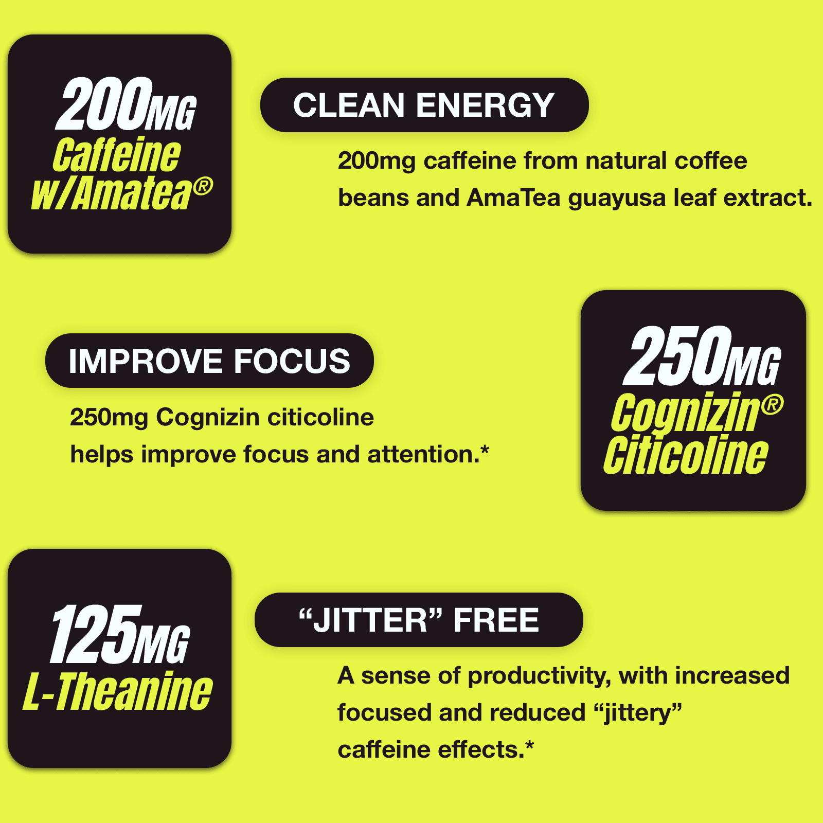 Rekt Energy + Focus benefits including clean energy, improved focus*, and jitter-free support*