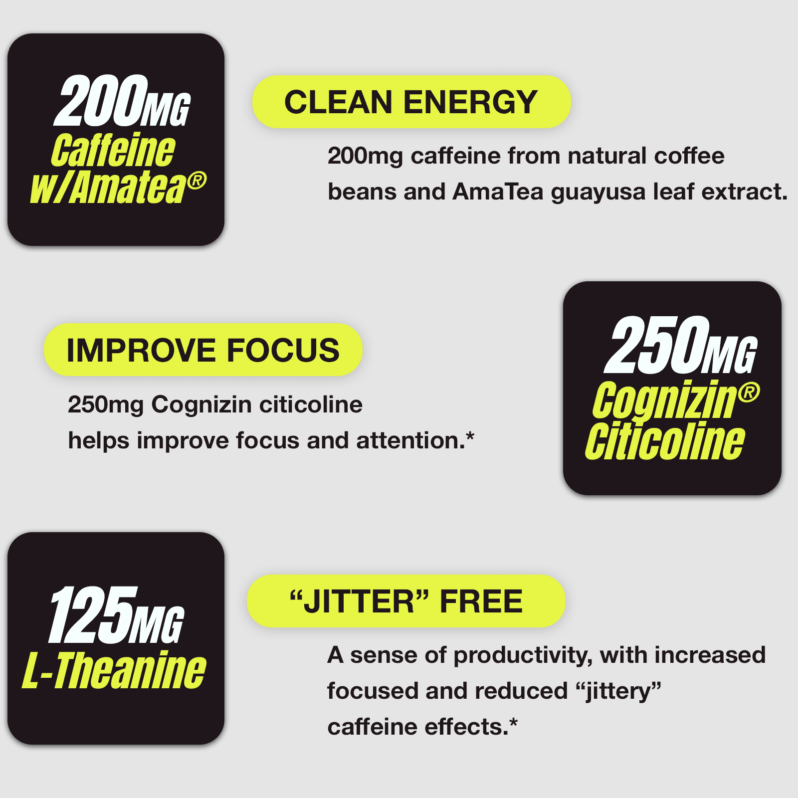 Rekt Energy + Focus Powder benefits including clean energy, improved focus*, and jitter-free support*